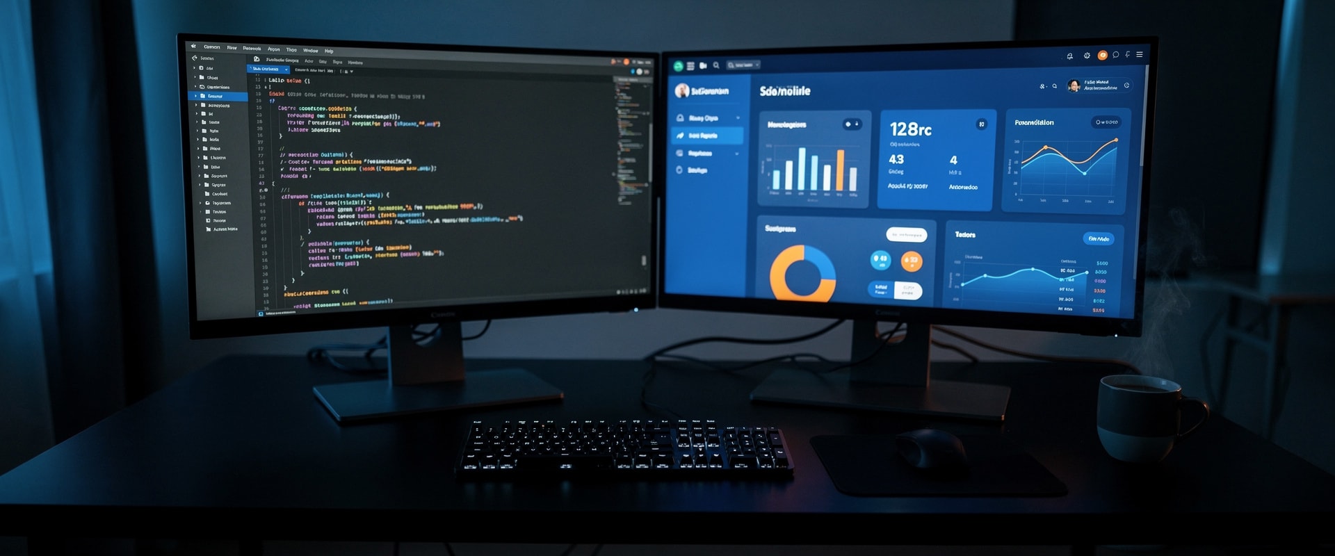 Software development workspace with code editor and analytics dashboard