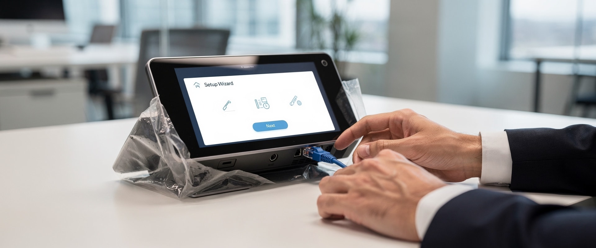 VoIP phone being plugged in with setup wizard on screen