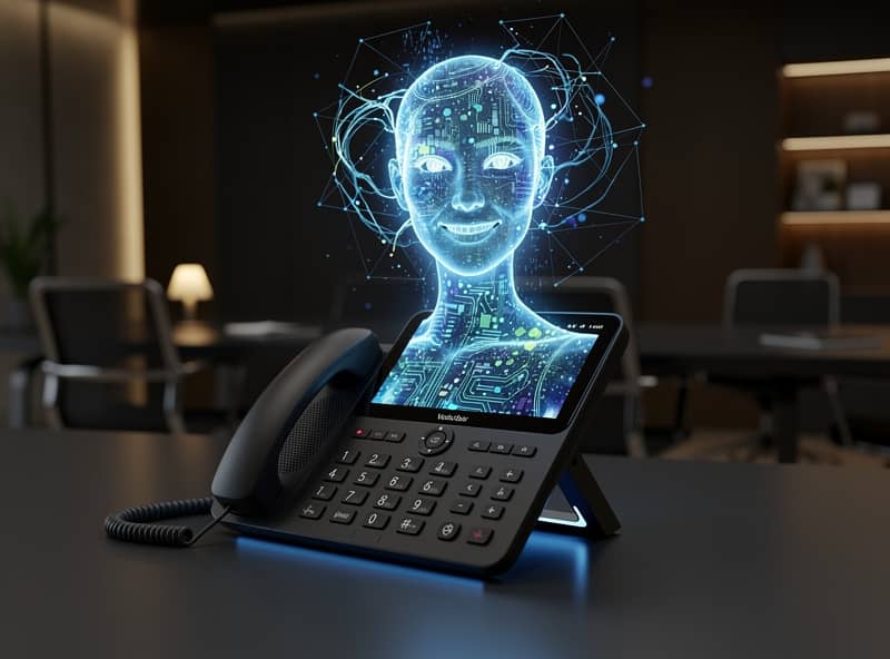 Desk phone with an illustrated AI agent above the handset