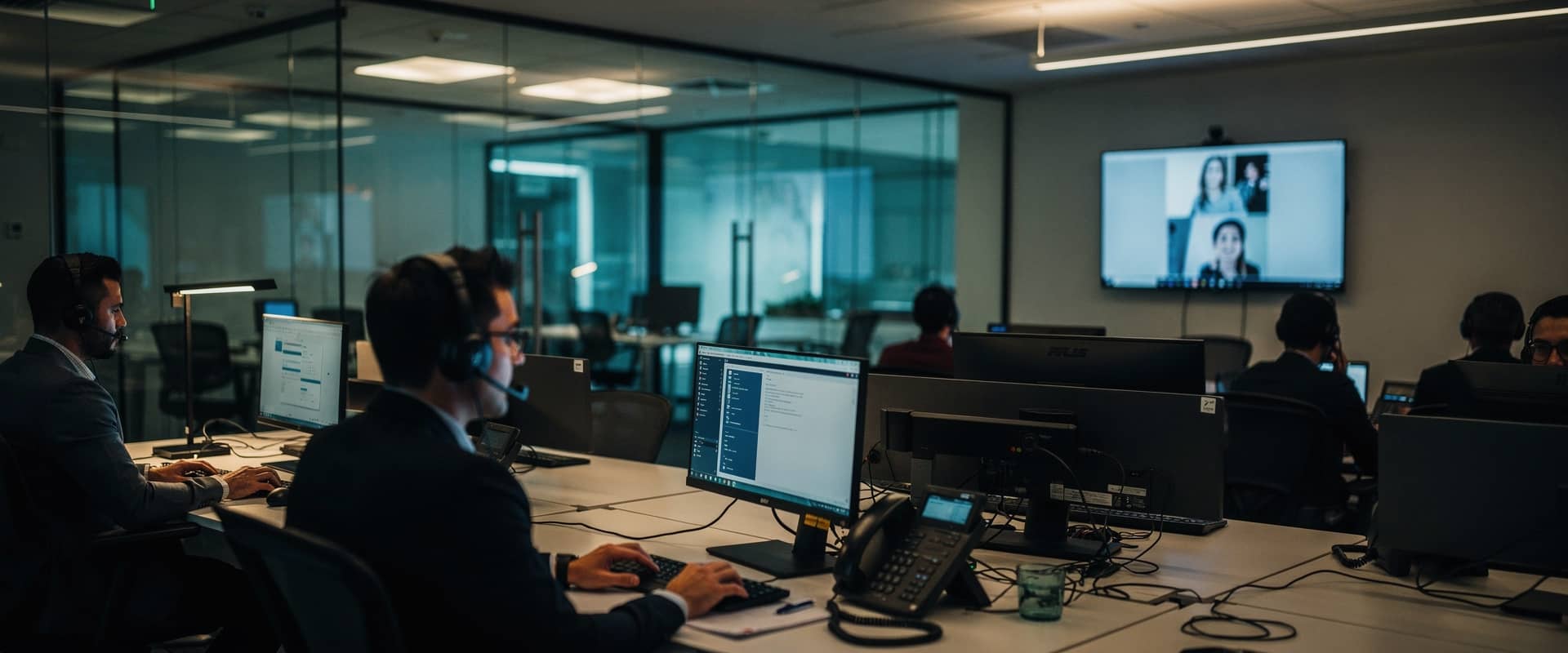 Team on a business phone system, with headsets, desk phones, and computers